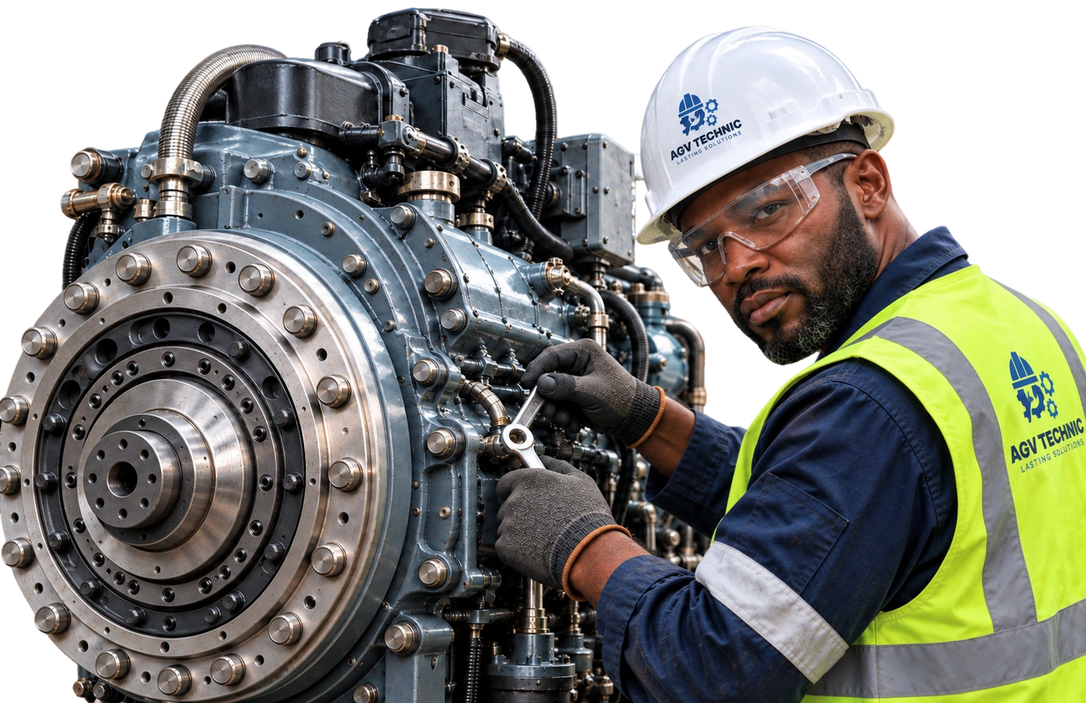 AGV Technic engineer repairing an industrial engine