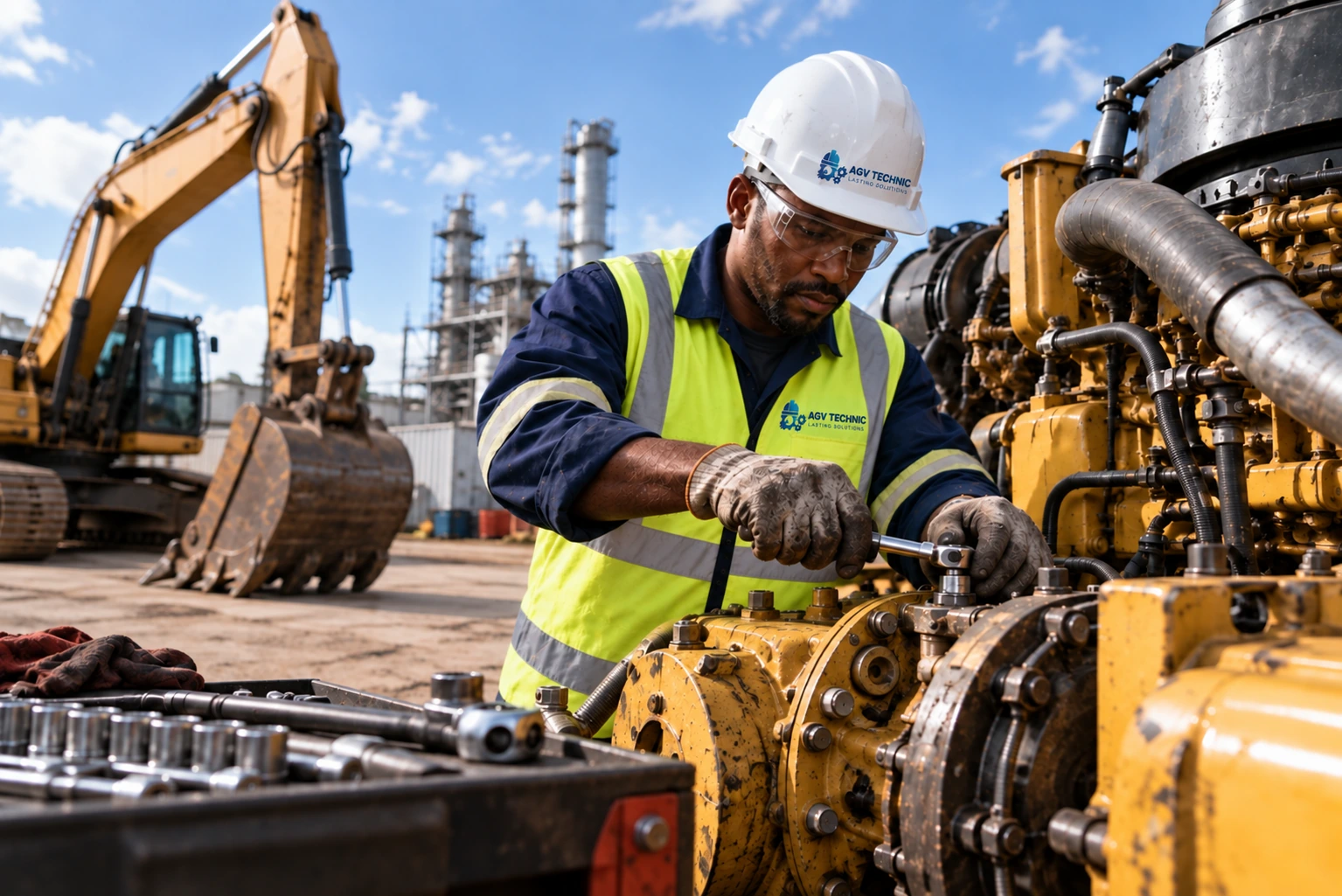 AGV Technic engineer servicing heavy equipment on site