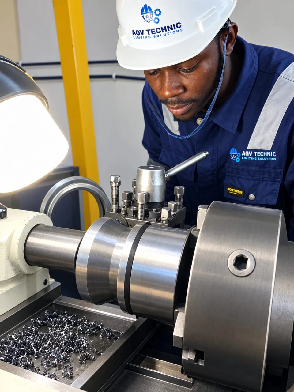 AGV Technic machinist working on a metal component